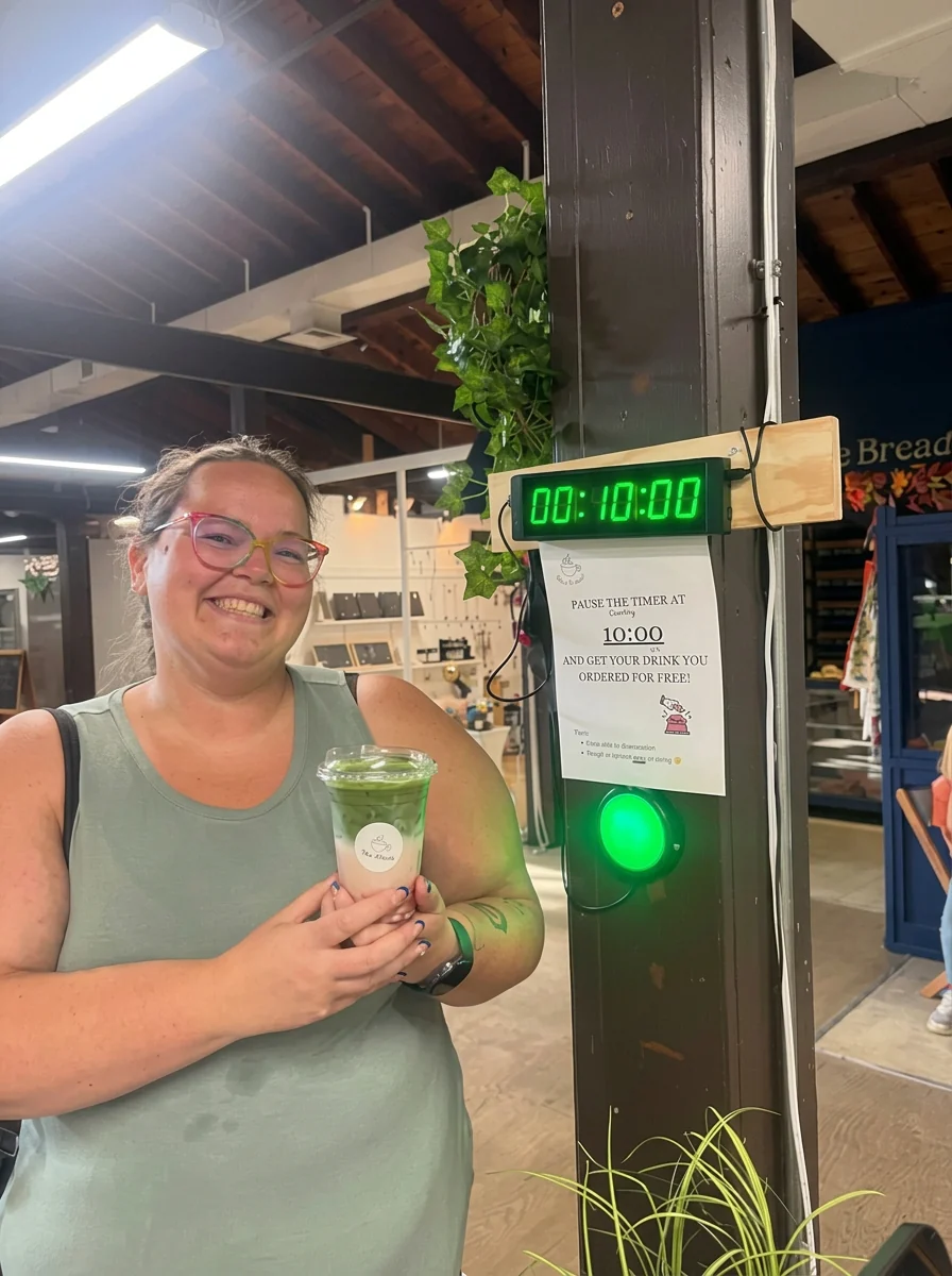 A smiling customer holding a green iced drink beside the timer at Bake-a-Wish's Country Market stall