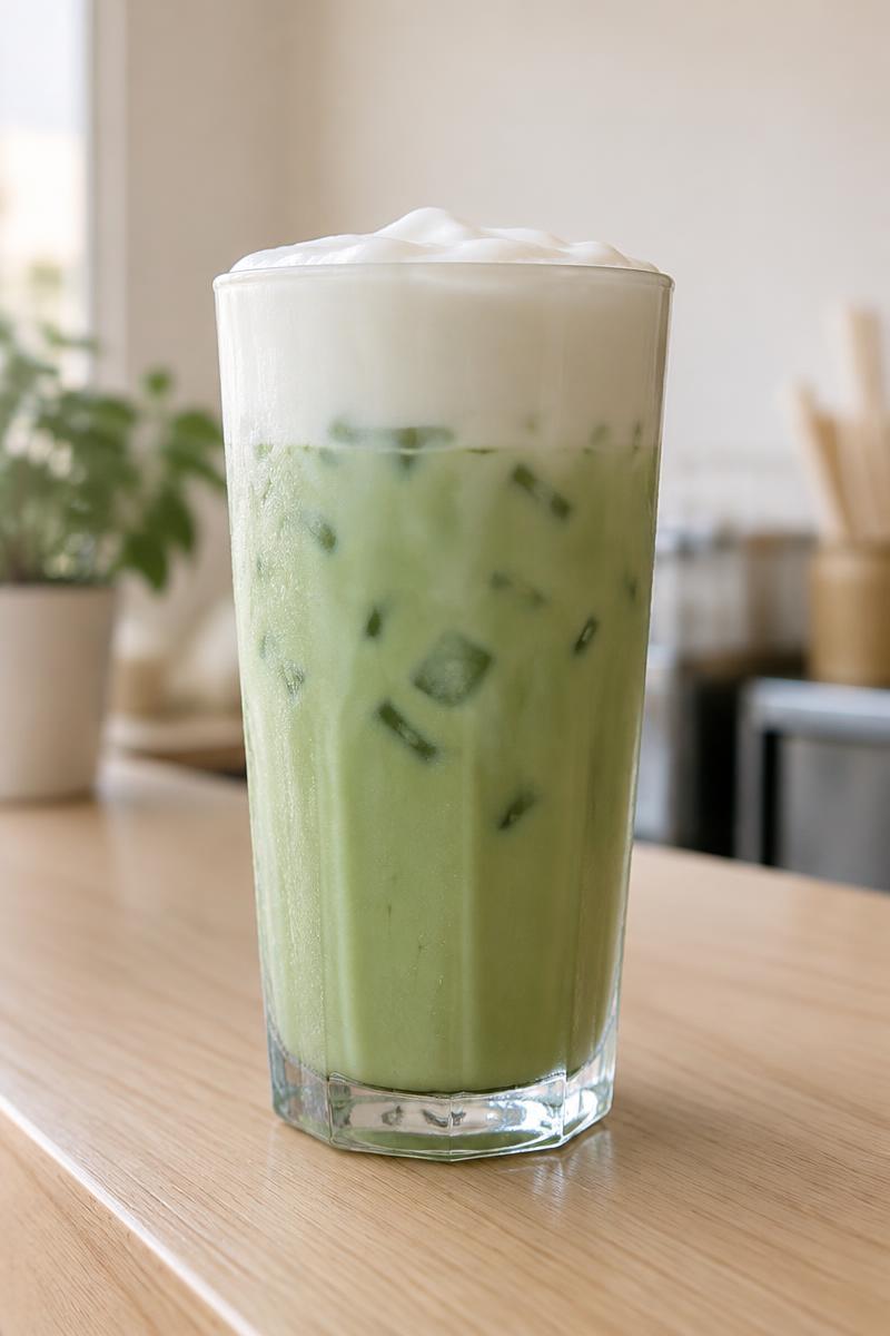 Representative pale green iced latte topped with white cold foam