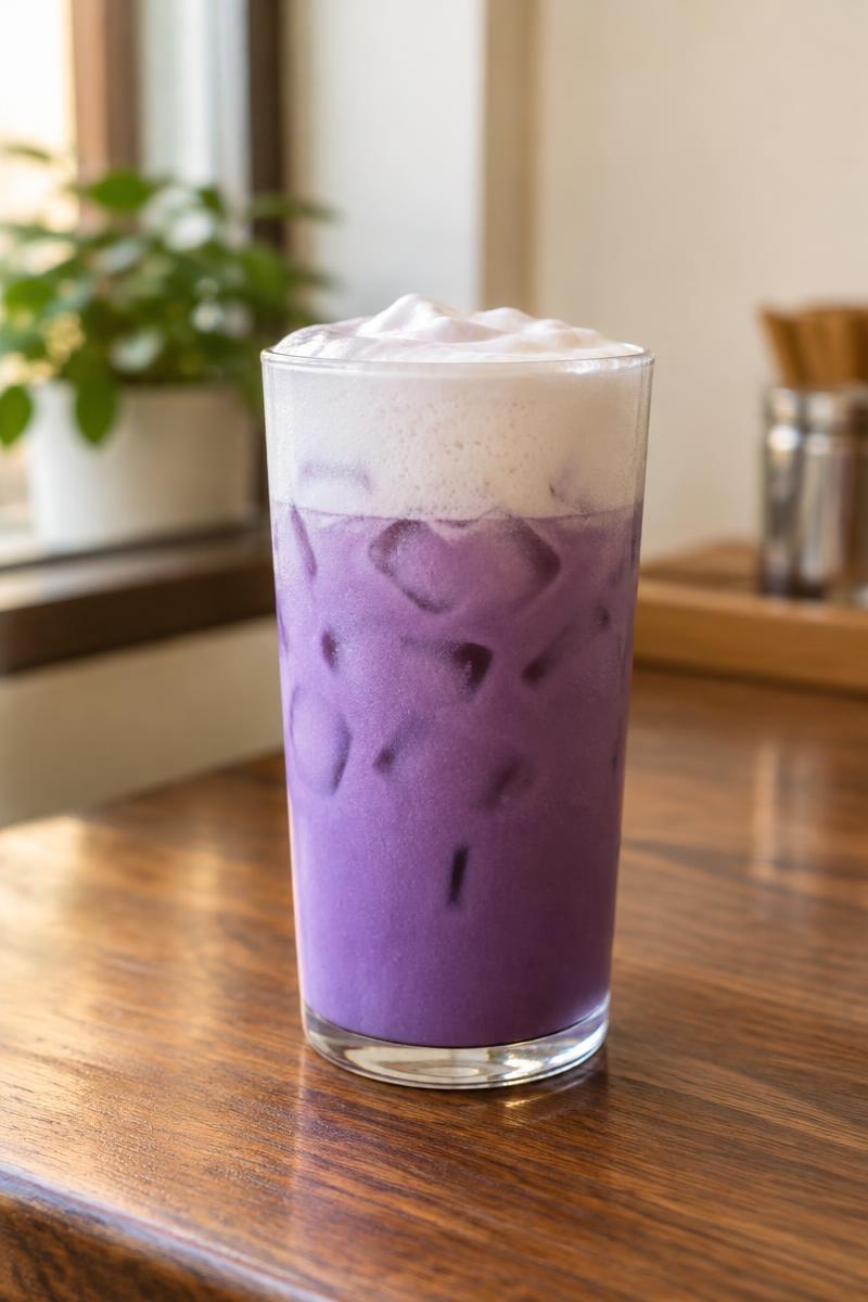 Representative purple iced latte topped with white cold foam